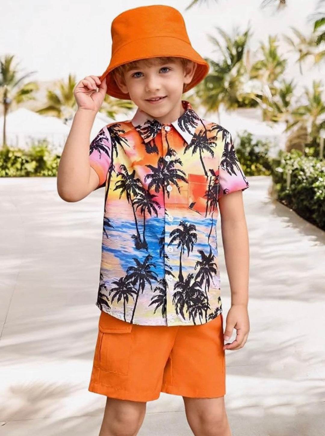 Boys Hawaiian Button Down Shirts and Short Sets with Bucket Hat Kids Summer Vacation Outfits Tropical Shirt