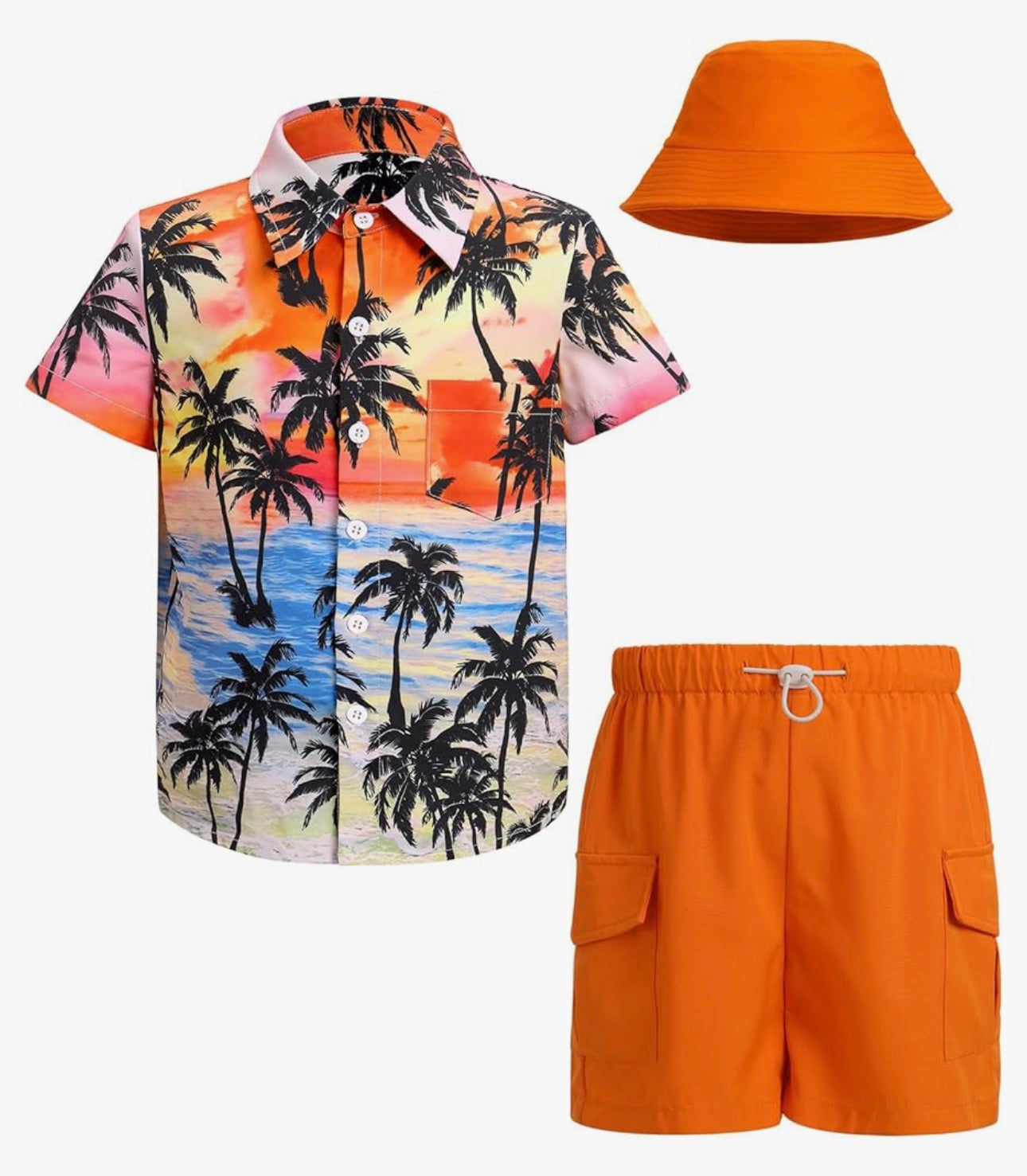 Boys Hawaiian Button Down Shirts and Short Sets with Bucket Hat Kids Summer Vacation Outfits Tropical Shirt
