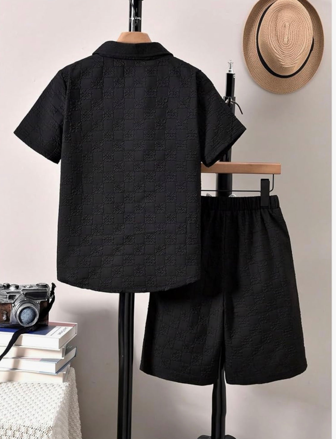 Boy's 2 Piece Beach Vacation Textured Linen Outfit Short Sleeve Button Down Shirt Top and Shorts Summer Set