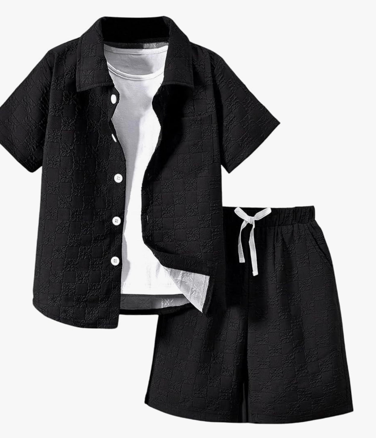 Boy's 2 Piece Beach Vacation Textured Linen Outfit Short Sleeve Button Down Shirt Top and Shorts Summer Set